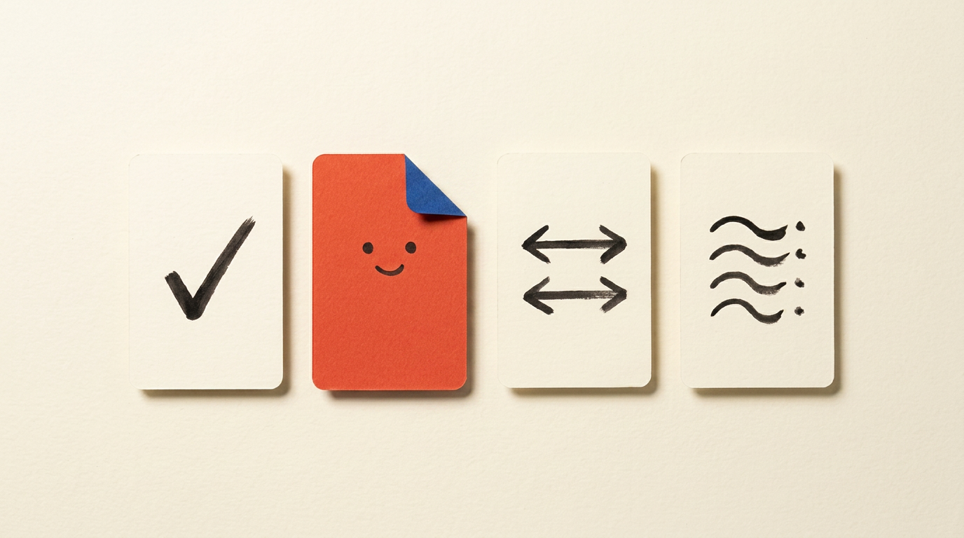 Four tactile cards representing verified sources, PookieRetro, comparisons, and detailed notes
